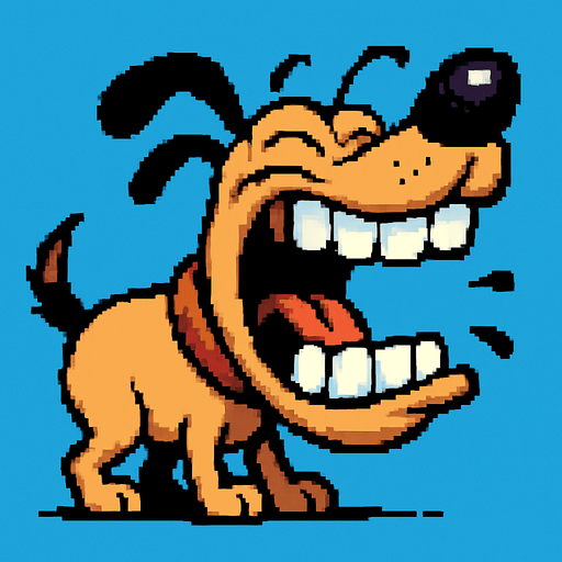 Un perro bobo ladrando con los ojos cerrados  pixel art dientes grandes, estilo earthworm jim.
In-Game asset.  2d.  High contrast.  No shadows