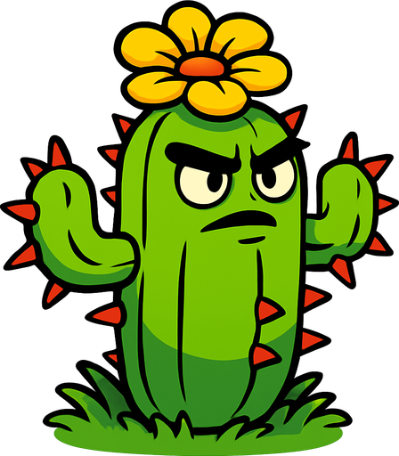 Cactus inspirado en Plants vs. Zombies. Planta verde con cuerpo segmentado cubierto de espinas rojas intensas, aspecto heroico y desafiante. Tiene una flor en la parte superior de color amarillo brillante y ojos decididos mirando hacia el frente. Postura erguida sobre césped, sin atacar, con estilo caricaturesco, líneas limpias, colores vivos y sin sombras. Fondo transparente, ideal como asset 2D para videojuego..
In-Game asset.  2d.  High contrast.  No shadows