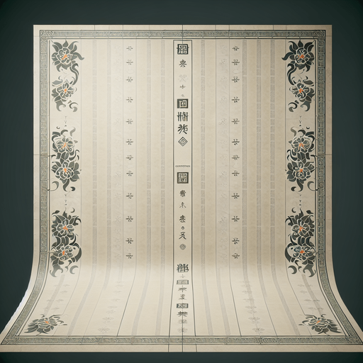 caligraphy paper front facing flat.
Single Game Texture.  In-Game asset.  2d.  Blank background.  High contrast.  No shadows