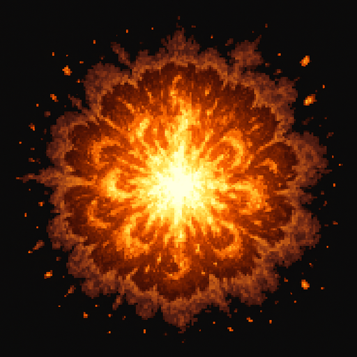 "High-quality 2D pixel art of a large magical explosion. The explosion is circular with a dense, fiery core made of layered orange, yellow, and white flames. Surrounding the core are expanding rings of fire and smoke, forming a symmetrical, radial burst pattern. The edges are rough and scattered with glowing embers and pixelated debris. The style mimics SNES-era fantasy RPG pixel effects, with vibrant colors and dramatic lighting. Transparent background.".
In-Game asset.  2d.  High contrast.  No shadows