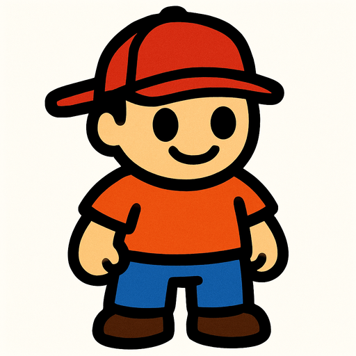 un muñeco con gorra y pantalones.
In-Game asset.  2d.  High contrast.  No shadows