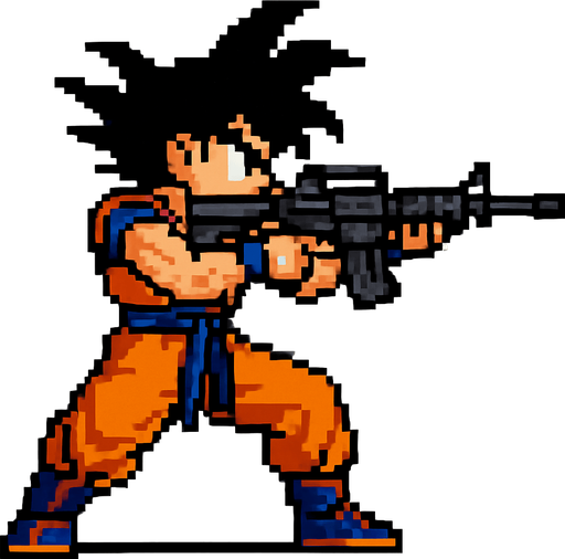 goku de dragon ball hecho con pixeles de cuepo completo con perspectiva lateral apuntando don un rifle de asalto m4
In-Game asset.  2d.  High contrast.  No shadows