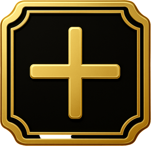 Boton de signo de mas elegante de color dorado con fondo negro.
In-Game asset.  2d.  High contrast.  No shadows