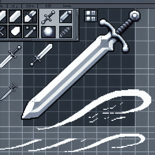 A pixel art medieval sword with a silver blade and gray handle. Simple design with a short crossguard. Include 4 frames of slash effect animation showing a white arc sweeping in front of the sword. Each frame of the arc covers about 45 degrees of motion, creating a 180-degree slash when played in sequence. Clean, high-contrast design..
Single Game Texture. Weapon sprite sheet. 16x16 pixels per frame. 4 frames horizontally aligned. Pixel art. Transparent background. Game weapon asset. No anti-aliasing. High contrast. Clean edges. White and gray color palette. 2D game element.