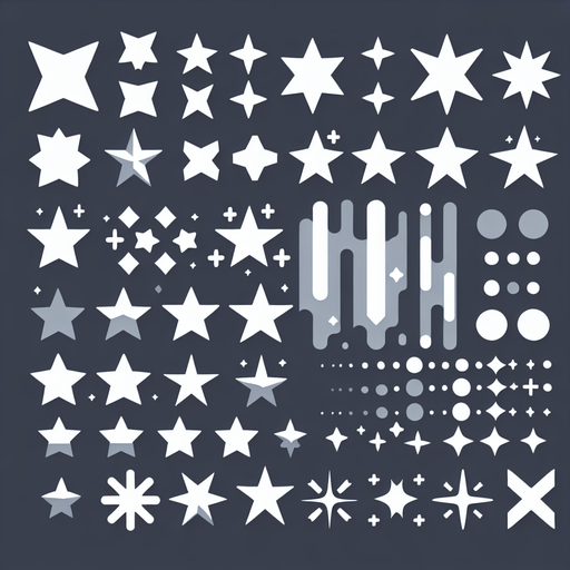 A spritesheet consisting of a variety of white stars. vector style..
Single Game Texture. In-Game asset. 2d. Blank background. High contrast. No shadows.