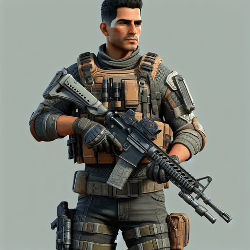 A man in the army suited with weapons.
Single Game Texture.  In-Game asset.  2d.  Blank background.  High contrast.  No shadows