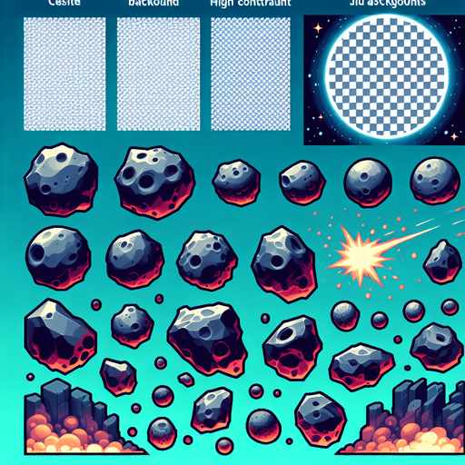 2d interactive and dynamic asteroid images.
Single Game Texture.  In-Game asset.  2d.  Blank background.  High contrast.  No shadows
