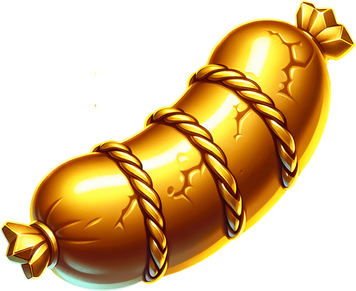 A gold sausage.
Single Game Texture. In-Game asset. 2d. Blank background. High contrast. No shadows.