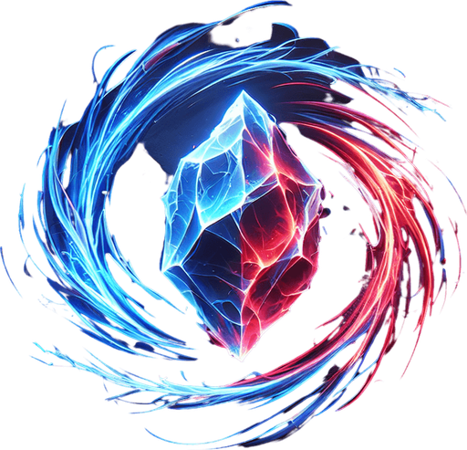 Two different colored streams of energy (e.g., red and blue) flowing and swirling together in the center. Could also be a crystal icon split into two distinct colors..
Single Game Texture.  In-Game asset.  2d.  Blank background.  High contrast.  No shadows