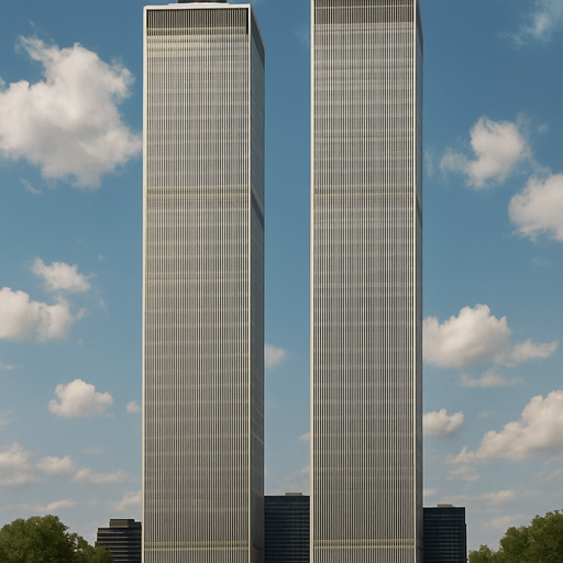 Photorealistic image about world trade center twin towers from front view.
