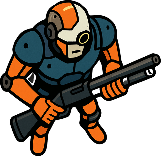Un cibor visto desde arriba con una escopeta en las manos.
In-Game asset.  2d.  High contrast.  No shadows