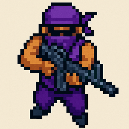 pandillero de morado hecho con pixeles. con perspectiva desde arriba visto de frente apuntando con un m4
In-Game asset.  2d.  High contrast.  No shadows