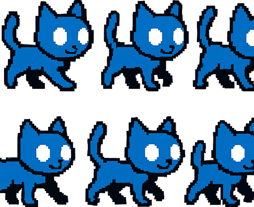 Haz los sprites de un gato azul sin pupilas caminando.
In-Game asset.  2d.  High contrast.  No shadows