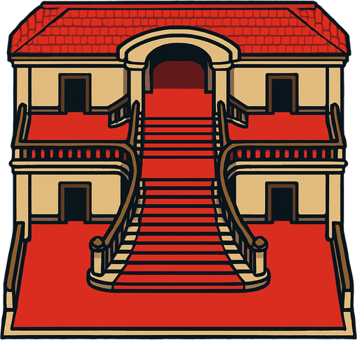 una mansion con piso rojo vista completa y totalmente desde arriba y desde dentro con una escalera grande igual que la de scarface la pelicula y pasillos a los lados.
In-Game asset.  2d.  High contrast.  No shadows