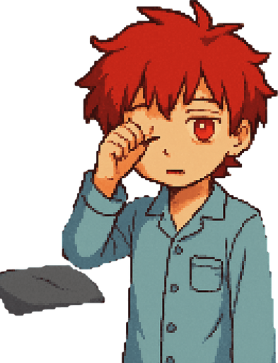 A cute, red-haired anime boy, 15 years old, with red eyes. He's in pajamas, looking sleepy, rubbing one eye with his hand. He's in his otaku-style bedroom. The scene is illustrated in Pixel Art style.
