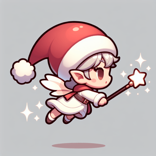 Profile view of a cute little fairy with a santa hat and a magic wand. Flying in the right direction. Single Game Texture. In-Game asset. 2d. Blank background. High contrast. No shadows.