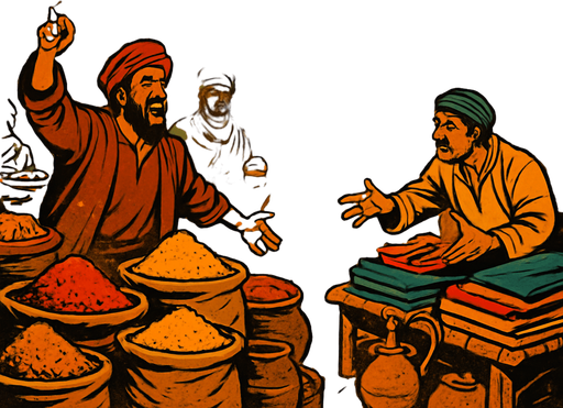 A dusty medieval trade bazaar with exotic goods, traders shouting, spices in the air, colorful fabrics blowing in the wind, realistic.
In-Game asset.  2d.  High contrast.  No shadows
