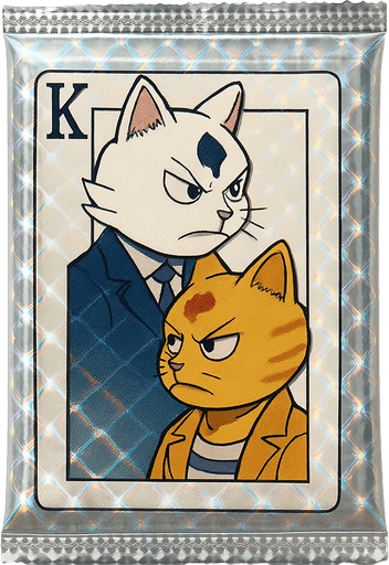A booster pack of collectible cards in the plastic packaging. On the package is a picture of these two cats as if they are the King on a card in a deck of regular playing cards. The white one is on top facing left and the bottom one is the mirror facing right, side profile, just like a king on a regular playing card. There is a K in the top left corner to mark the King, but no suit. There are no other words on the pack. The plastic of the pack is all diamond and sparkling.
