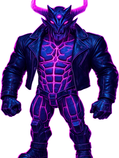 Black leather biker jacket longsleeves bare segmented neon cyberpunk pecs abs muscles robot monster hunk Neon cyberpunk 3d hologram corporate occult demon android mecha robot sentinel guard soldier machine monster fully in frame no part cut off no background anime futuristic Background removed, "Full-body character, entirely in frame, no cropping of face, head, or feet" "Complete character visible, from head to toe, fully centered in the image" "Entire character, including face and boots, fully within the frame" Character fully contained within a square frame, no edges cut off  horns through boots