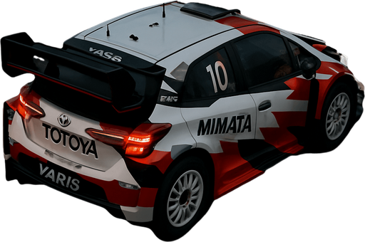 Photorealistic Toyota Yaris WRC in nightlight, drone topview FROM BACK and 45 degrees angle in top right corner. White body with some black and some red decals. Modify the TOYOTA to TOTOYA and other real sponsors to just similars.
