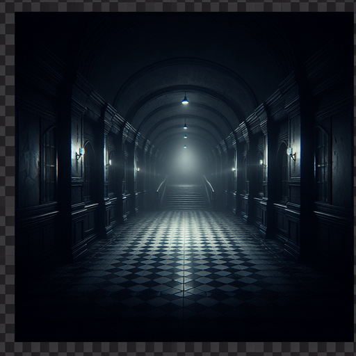 Make a dark scary hallway.
Single Game Texture.  In-Game asset.  2d.  Blank background.  High contrast.  No shadows