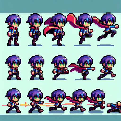 pixelate game hero character, in idle animations, jumping animations, and running animations.
Single Game Texture. In-Game asset. 2d. Blank background. High contrast. No shadows.