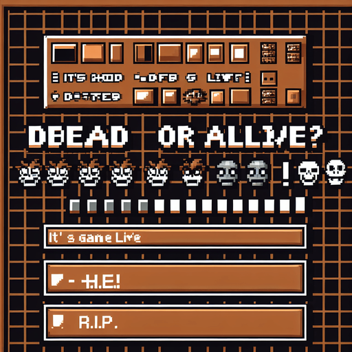 8 bit. cartoon. brown background. message that reads:
DEAD OR ALIVE?
IT'S ALIVE!
R.I.P..
Single Game Texture. In-Game asset. 2d. Blank background. High contrast. No shadows.