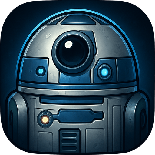 A stylized app or game icon featuring the head of a compact, dome-shaped sci-fi droid. The droid has a shiny metallic silver and blue color scheme, a round central photoreceptor "eye," and various small lights, sensors, and panels. The design is friendly and futuristic, with clean mechanical details and a slightly worn metallic finish. The background is dark or softly glowing with blue tones, highlighting the droid’s silhouette. Square or circular layout, 1024x1024 resolution, high detail, concept art style. Inspired by classic sci-fi utility robots, fully original and suitable for use without copyright concerns..
In-Game asset.  2d.  High contrast.  No shadows