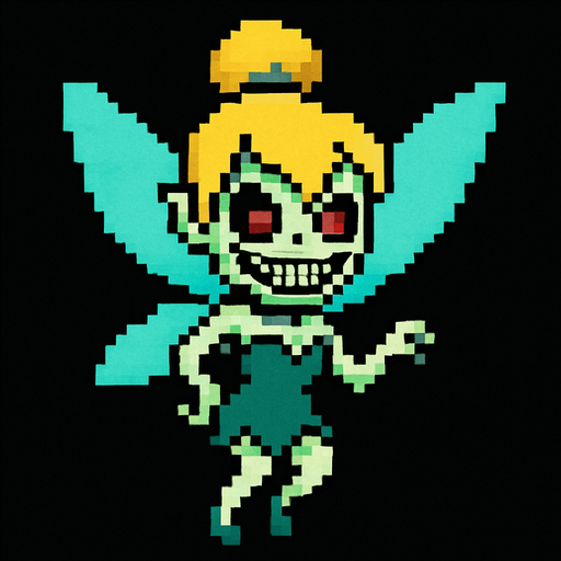 scary cute little fairy tinker bell 2d pixel art.
In-Game asset.  2d.  High contrast.  No shadows