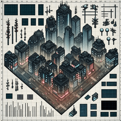 Cyberpunk city tile set. Top down view..
Single Game Texture.  2d.  Blank background.  High contrast.  No shadows