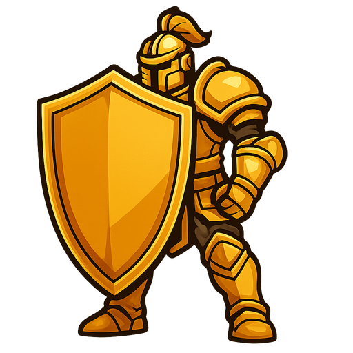 Human with a BIG golden shield and shining reinforced golden armor.
In-Game asset.  2d.  High contrast.  No shadows