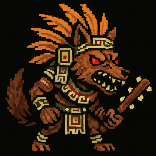 Genérame una Zorro Cangrejero guerrero azteca con eso patrones, estilo pixelar, con una apariencia maligna, ojos rojos, rabioso. Unidad cuerpo a cuerpo. Animal.
In-Game asset.  2d.  High contrast.  No shadows