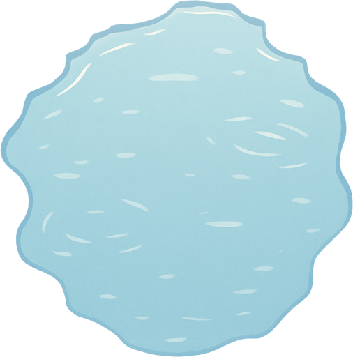 A simple top-down 2D illustration of a calm arctic lake. The scene shows the edge of the water, with a soft, snowy shoreline framing the top and one side of the image. The lake itself is a calm, light blue, with subtle light reflections on the surface to suggest water. The art style is soft and clean, like a children's book illustration..
In-Game asset.  2d.  High contrast.  No shadows