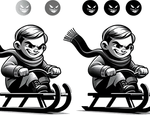 Little brat on a sledge, girl, cartoon, winter, sideview, evil Single Game Texture. In-Game asset. 2d. Blank background. High contrast. No shadows.