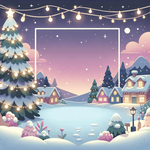 Outdoor, nighttime Christmas Background for puzzle game. Cartoon. Pastel colors, flat shaded, vector art. Full width blank square in center. Sharp corners.