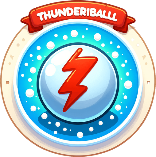 Icon for a electified snowball, on a circle, with the text „Thunderball“ at top, cartoon, christmas style Single Game Texture. In-Game asset. 2d. Blank background. High contrast. No shadows.