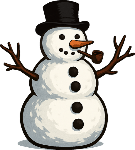 Hombre de nieve con pipa y manos de ramas y tres botones negros verticalmente algo realista.
In-Game asset.  2d.  High contrast.  No shadows