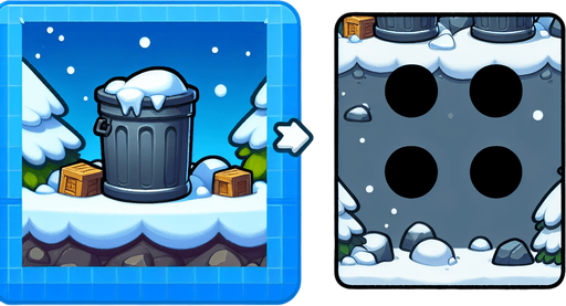 Мусорный бак стоит в снегу. Мультяшный.
Single Game Texture.  In-Game asset.  2d.  Blank background.  High contrast.  No shadows