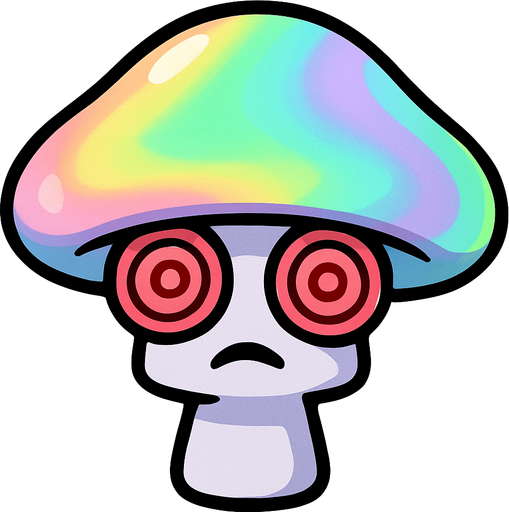 Sombrero Iridiscente/Colorido: Su sombrero es la característica más llamativa, mostrando una gama de colores suaves y pastel que se mezclan como un arcoíris o un efecto iridiscente (rosas, azules, verdes claros, morados). Esto sugiere su naturaleza "hipnótica" o alucinógena.

Tallo Púrpura Claro/Blanco: Su tallo es de un color púrpura muy claro o casi blanco.

Ojos en Espiral/Hipnóticos: Sus "ojos" son dos grandes espirales rojas o rosadas, lo que claramente representa su capacidad de hipnotizar.

Boca Triste/Somnolienta: Tiene una pequeña boca que parece un poco triste o somnolienta, lo que contrasta con la intensidad de sus ojos espirales..
In-Game asset.  2d.  High contrast.  No shadows