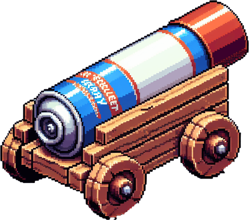 Genera un tipo de aerosol contra insectos que este acostado sobre dos pedazos de madera, como si fuese un cañon, tomalo de perfil mirando a la deracha y hazlo en pixel art.
Single Game Texture.  In-Game asset.  2d.  Blank background.  High contrast.  No shadows