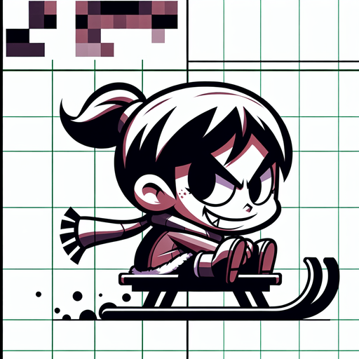 Little brat on a sledge, girl, cartoon, winter, sideview, evil Single Game Texture. In-Game asset. 2d. Blank background. High contrast. No shadows.