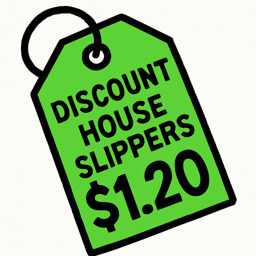 green price tag that says discount house slippers $1.20.
In-Game asset.  2d.  High contrast.  No shadows