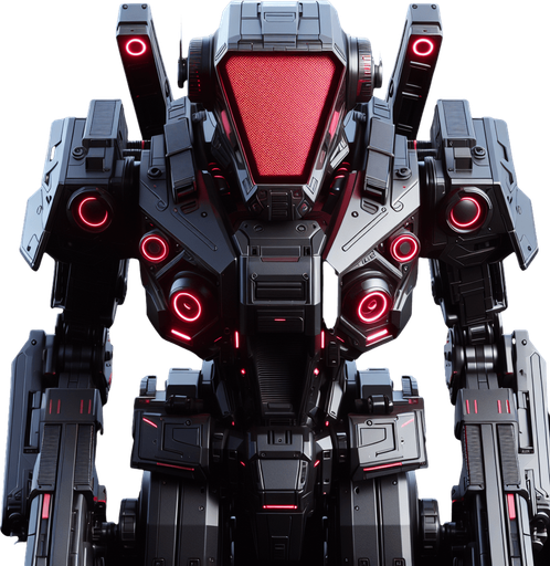 Overhead view. A sleek battle robot with a wide red visor across the head. Three distinct parts, body and two arms. Symmetrical design. Birds Eye view above them looking down on their head. Simple shapes. Low detail. Cyberpunk, black with red glowing highlights..
Single Game Texture. In-Game asset. 2d. Blank background. High contrast. No shadows.