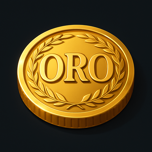 High-resolution digital illustration of a single gold coin lying flat, embossed in the center with the word ‘ORO’ in bold, elegant capital letters. The coin features a finely detailed rim pattern (e.g. laurel wreath or rope motif), a polished metallic surface with realistic reflections and highlights, and a slight bevel on the edges. Dramatic side lighting casts soft shadows, set against a dark gradient background for contrast. Rendered in a semi-realistic 3D style.
In-Game asset.  2d.  High contrast.  No shadows