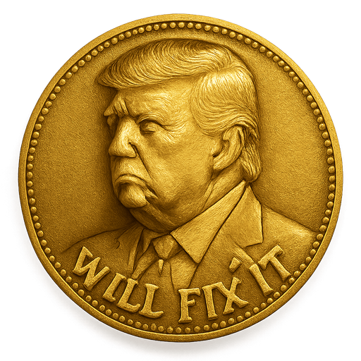 Golden coin with Trump and 'WILL FIX IT' Text
