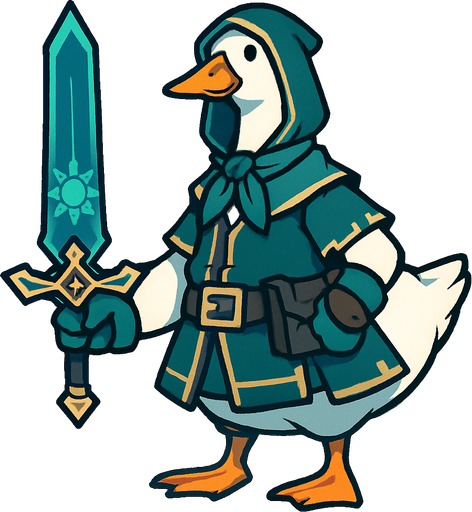 An Emden Goose in Blue Sun Treasure Hoarder Outfit with Blue Sun Long Sword.
In-Game asset.  2d.  High contrast.  No shadows