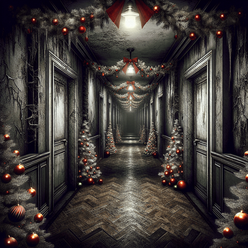 Eerie Christmas-inspired hallway similar to a resident evil room
Single Game Texture. In-Game asset. 2d. Blank background. High contrast. No shadows.