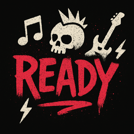 müzik temalı cool ready yazısı biraz da sprey boya punk tarzı.
In-Game asset.  2d.  High contrast.  No shadows