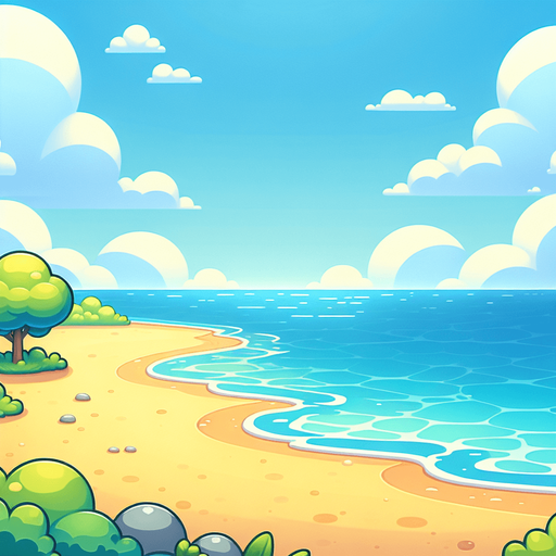 "A bright, cartoon-style beachside sky with soft white clouds, a clear blue ocean, and a sandy shore in the background. The colors should be vibrant and cheerful, with a summer vibe.".
Single Game Texture.  In-Game asset.  2d.  Blank background.  High contrast.  No shadows