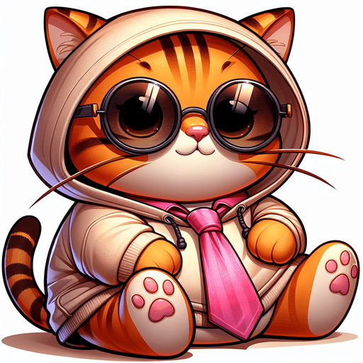 The feminine character is depicted as a cartoon-style, orange tabby cat with noticeable stripes. It features a round face, shielded by oversized, round, dark opaque sunglasses, and a physique that's charmingly smaller than its head, creating a cute, chubby look. This cat is casually dressed in a simple, light-colored hoodie with a drawstring. Unique to this character, however, is a whimsical twist—a pink tie is playfully worn on its head like a hat, adding a quirky and endearing element to its appearance. Positioned comfortably with its paws in front, the cat maintains a relaxed posture. The overall style is engagingly playful and whimsical, perfectly suited for a casual mascot or a protagonist in a children's book. The pink tie, worn in such an unconventional manner, subtly emphasizes the cat's creative and fun-loving nature, making it even more captivating and endearing..
Single Game Texture. In-Game asset. 2d. Blank background. High contrast. No shadows.
